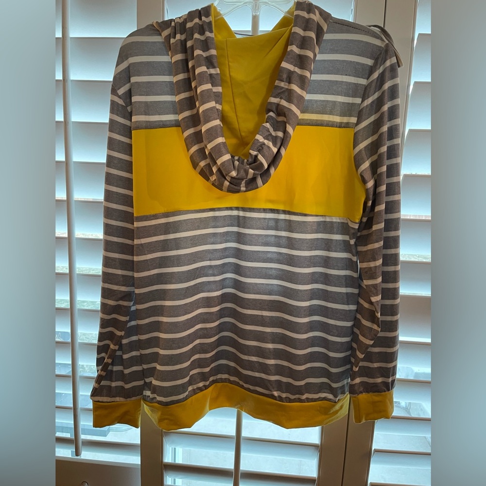 Yellow, Grey, White striped thin hoodie shirt, Size Large, Excellent condition - Picture 2 of 4